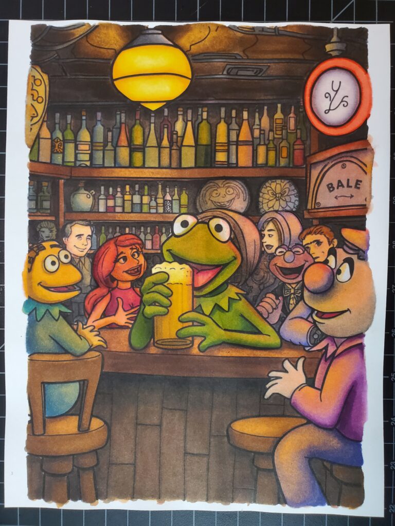 Kermit at the bar with the Muppets
