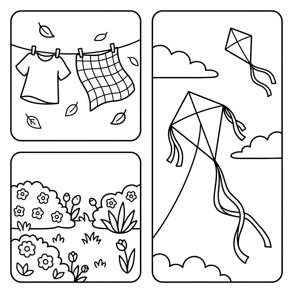 Three panel spring scene coloring page from idea gallery