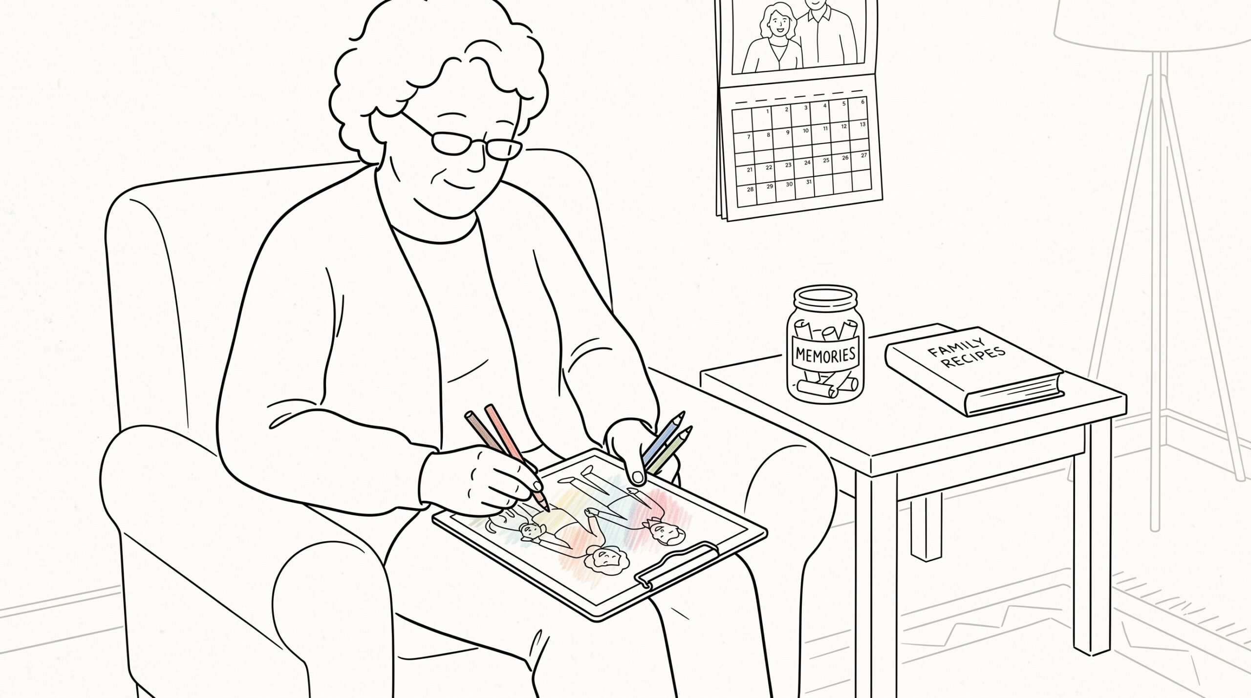 Grandma coloring a personalized family photo page in a cozy chair.