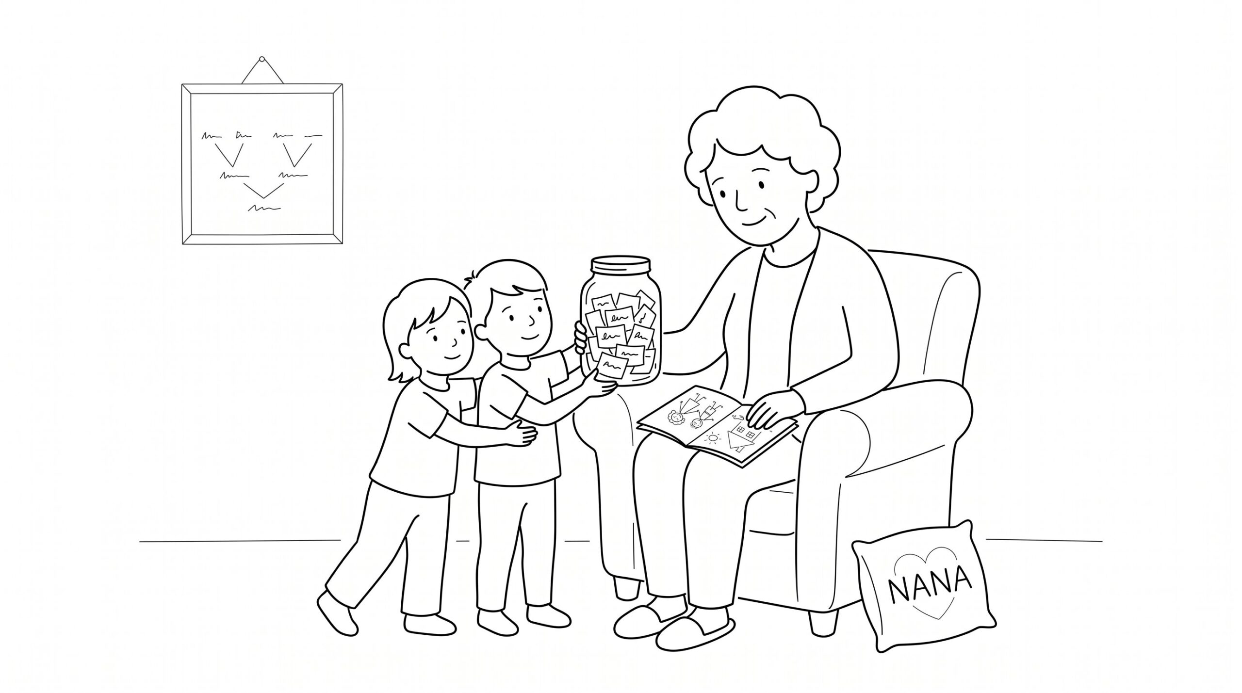 Grandchildren giving grandma a memory jar and personalized family gifts.