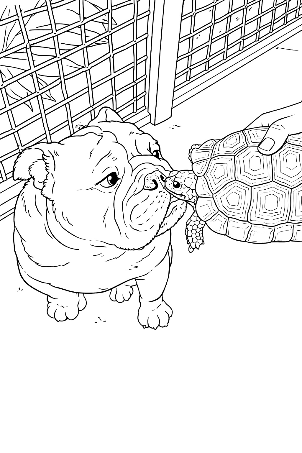 George the English Bulldog nose-to-nose with a tortoise coloring page