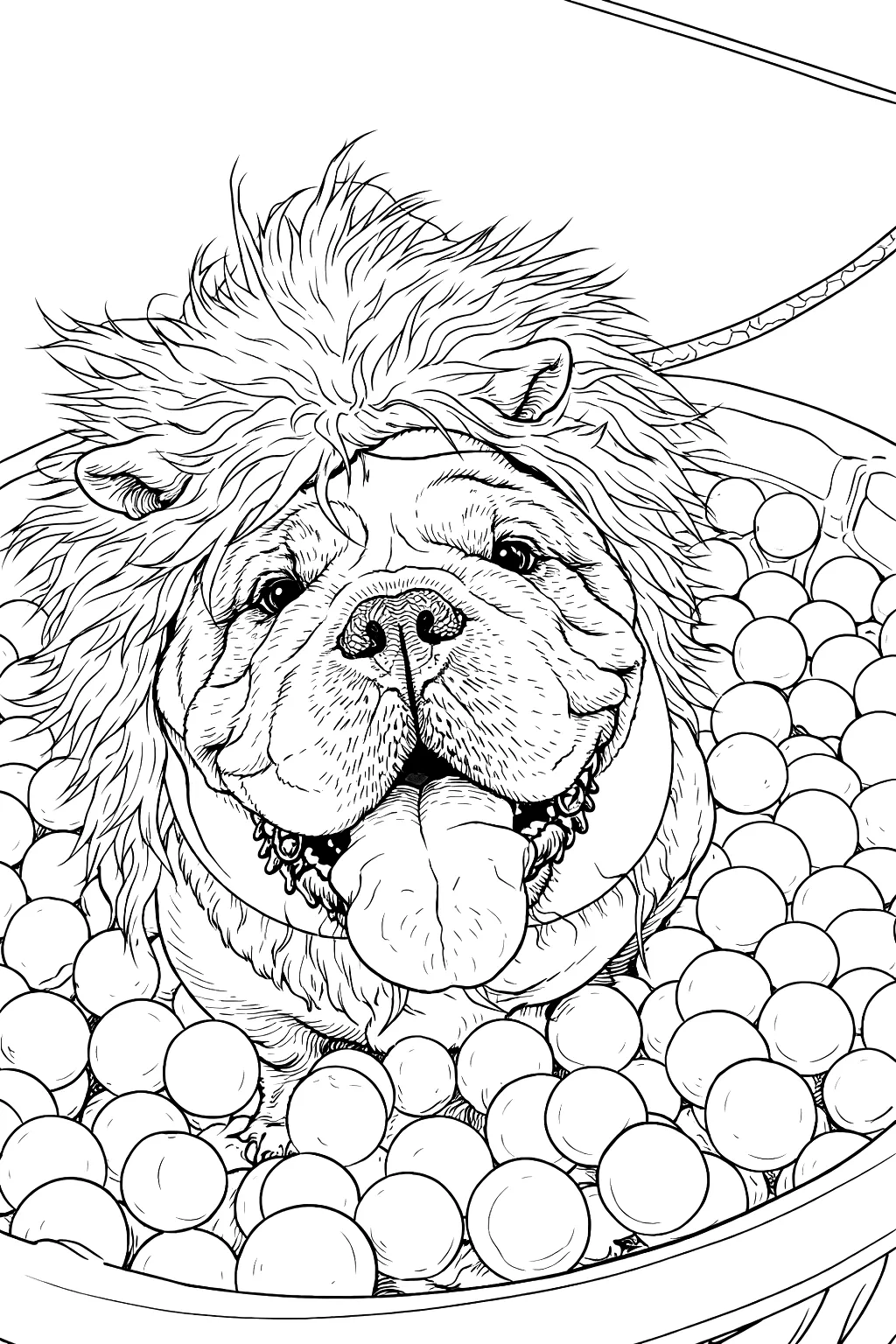 George the English Bulldog wearing a lion mane in a ball pit coloring page