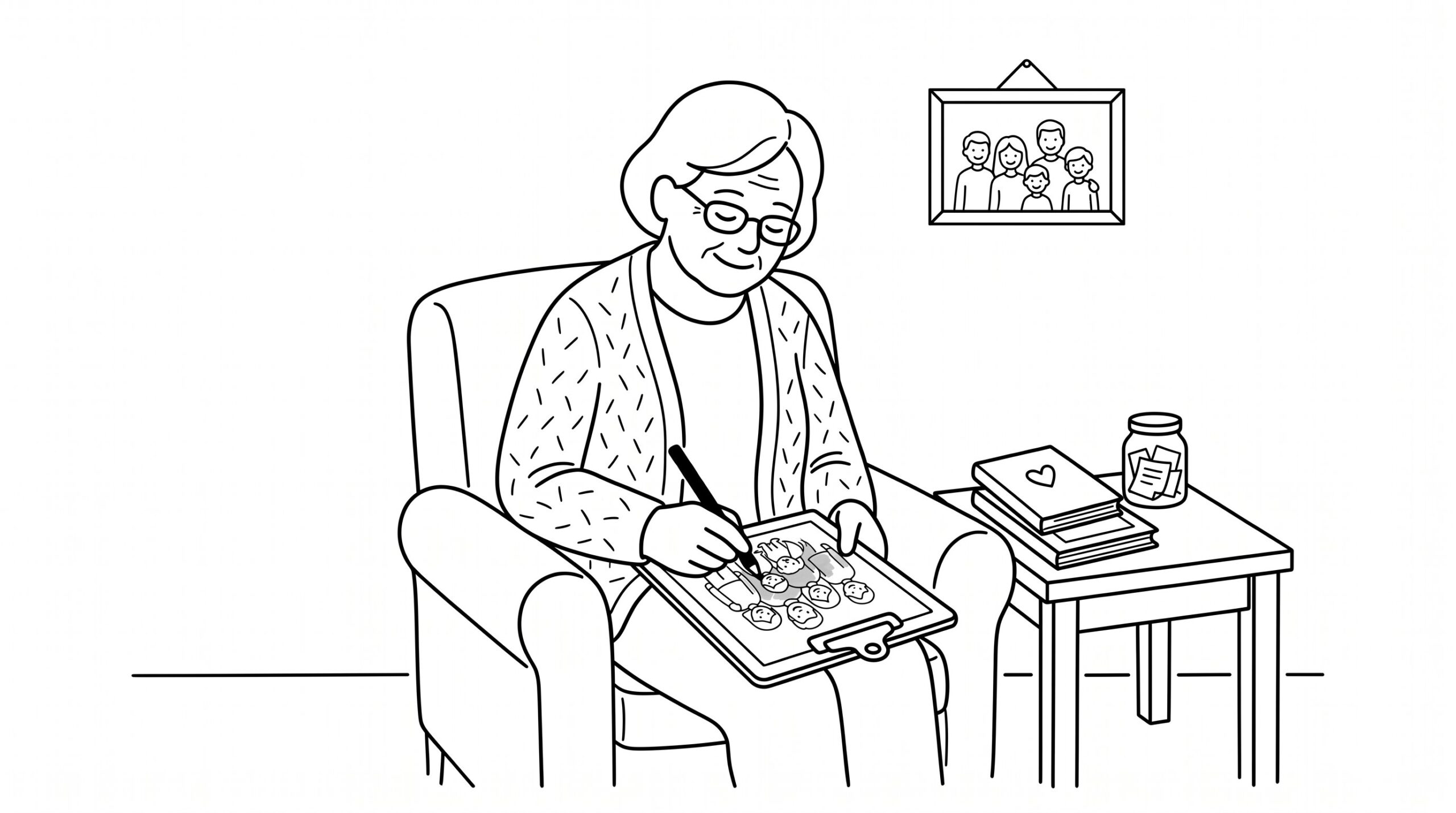 Grandma coloring a family photo page beside personalized family keepsakes.