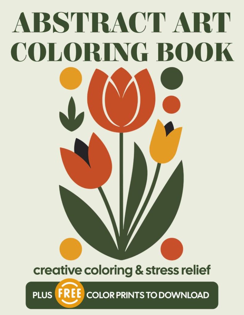 Abstract art coloring book cover with stylized tulips in forest green and burnt orange
