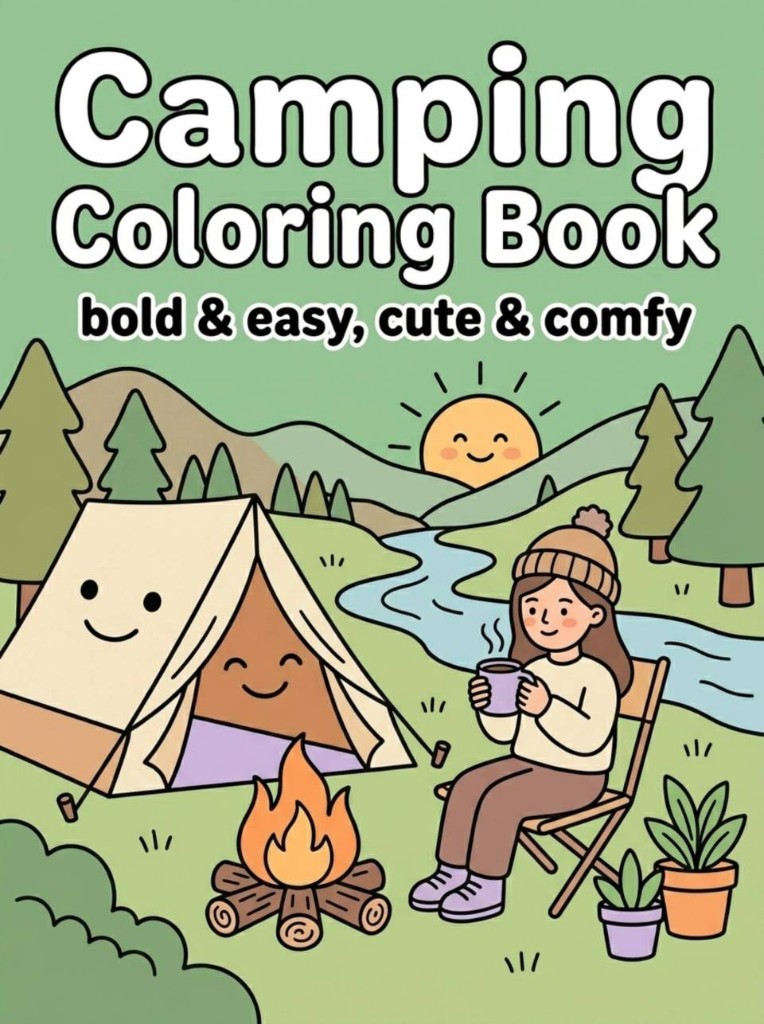 Camping coloring book cover with a tent, campfire, and camper in a forest scene