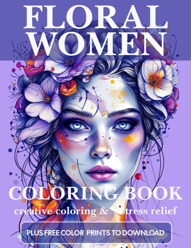 Floral women coloring book cover with a portrait surrounded by flowers