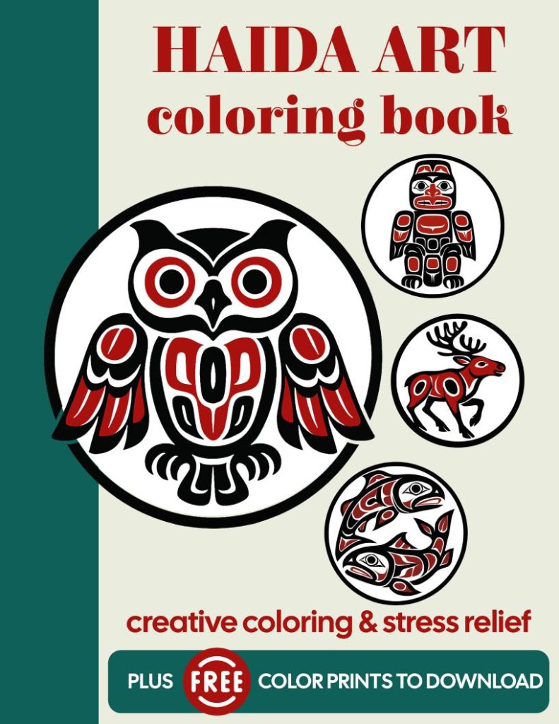 Haida art coloring book cover with circular formline animal medallions