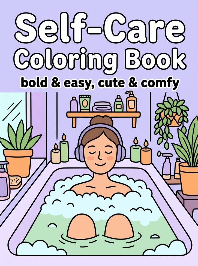 Self-care coloring book cover by JC Jordan showing a person relaxing in a bathtub