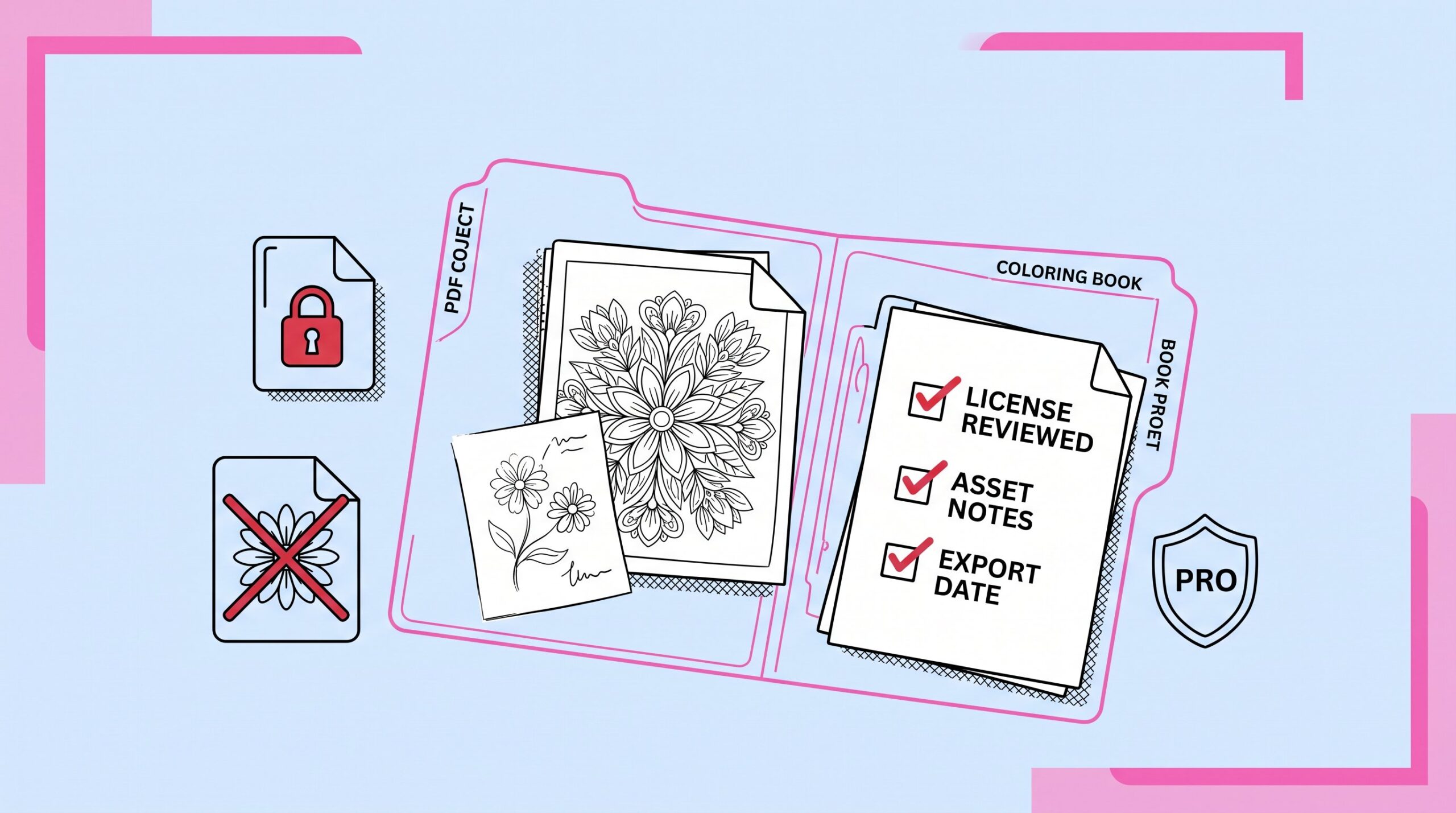 Creator organizes licensed coloring book files, sketches, notes, and a final PDF.