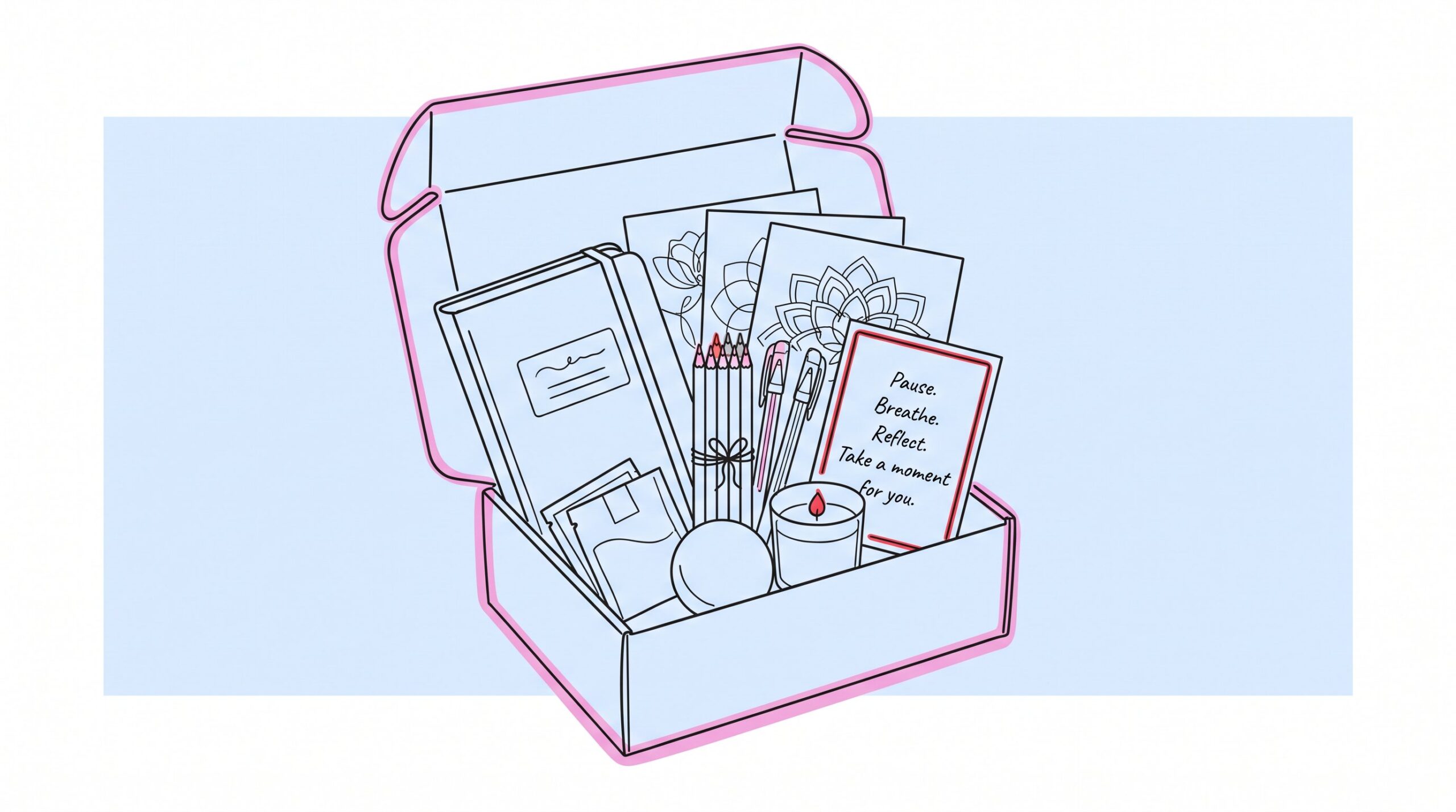 Open mindfulness gift box with journal, coloring pages, tea, candle, and stress ball.