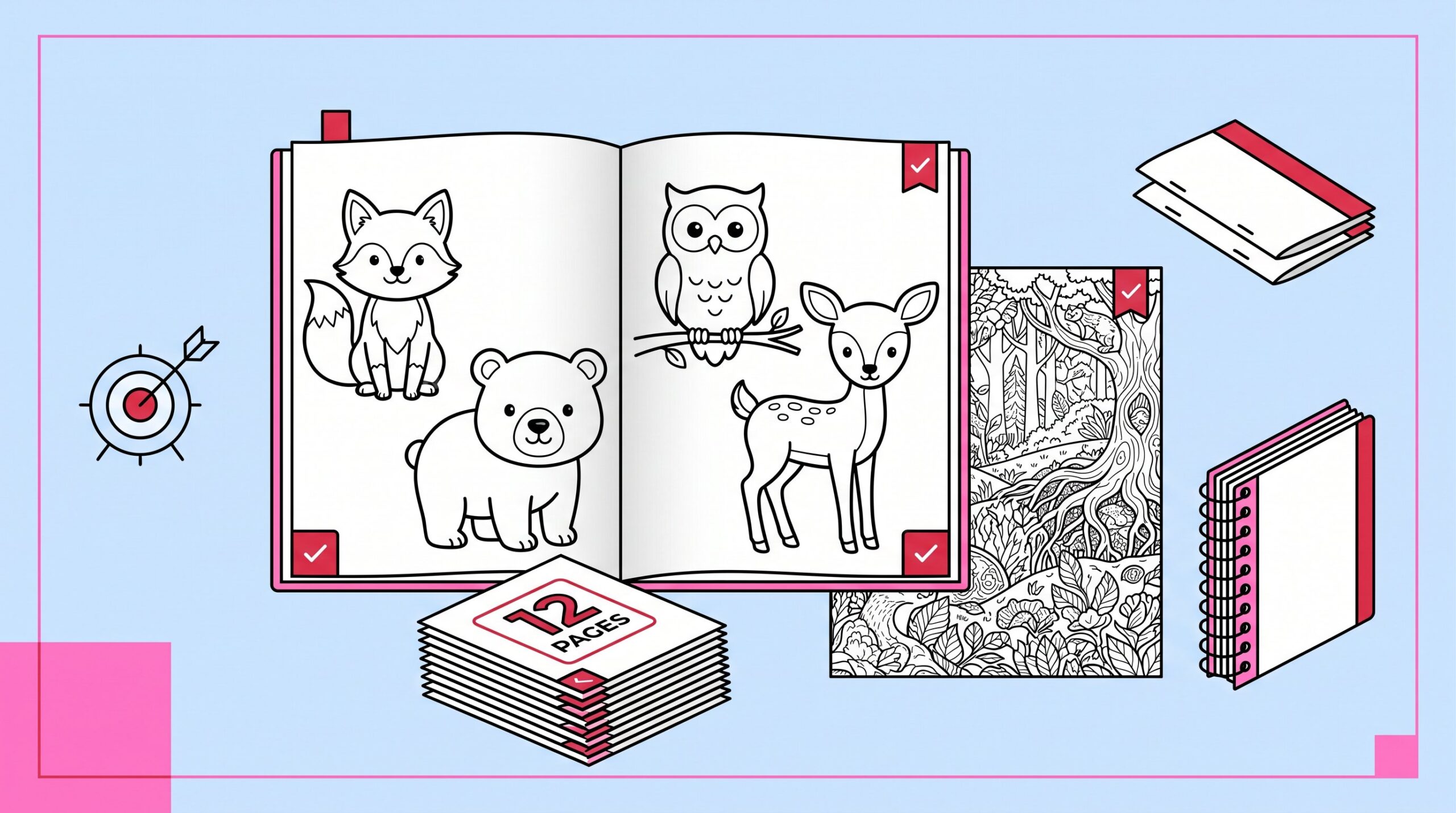 Open coloring book mockup showing kids theme, audience focus, and binding options.