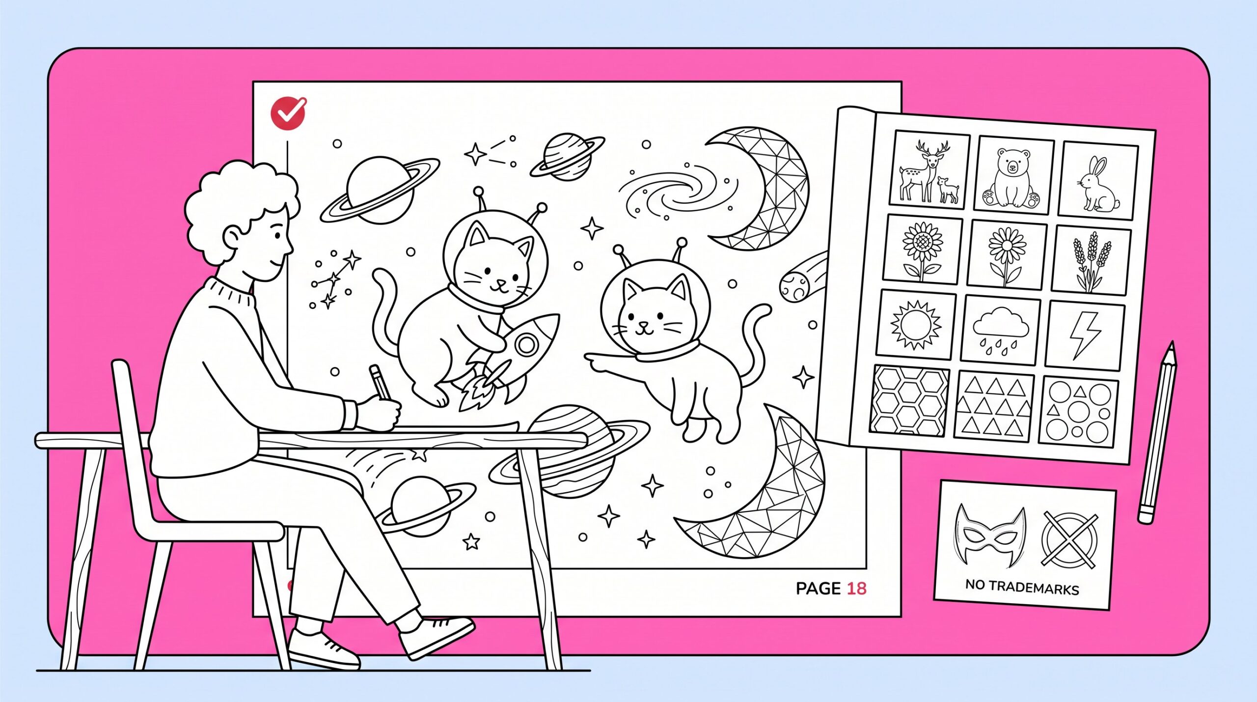 Creator plans an original space rescue cats coloring book page.
