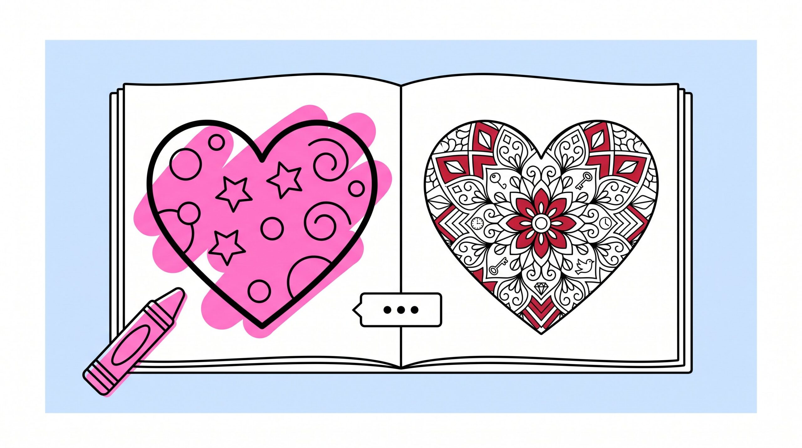 Open coloring book with simple and detailed heart page designs.