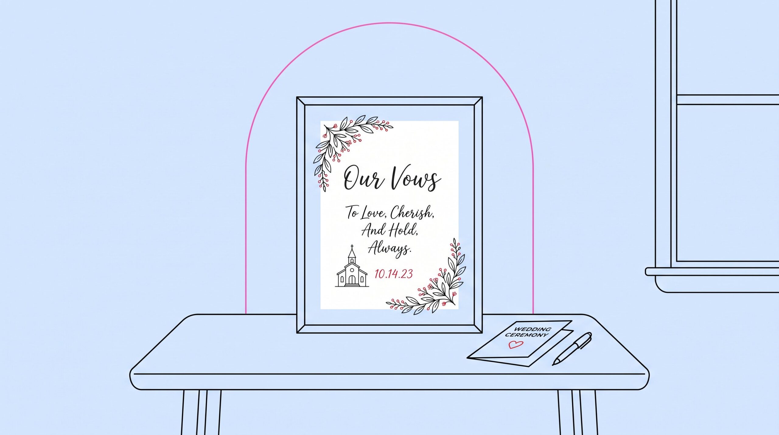 Framed wedding vow artwork displayed with a ceremony booklet and pen.
