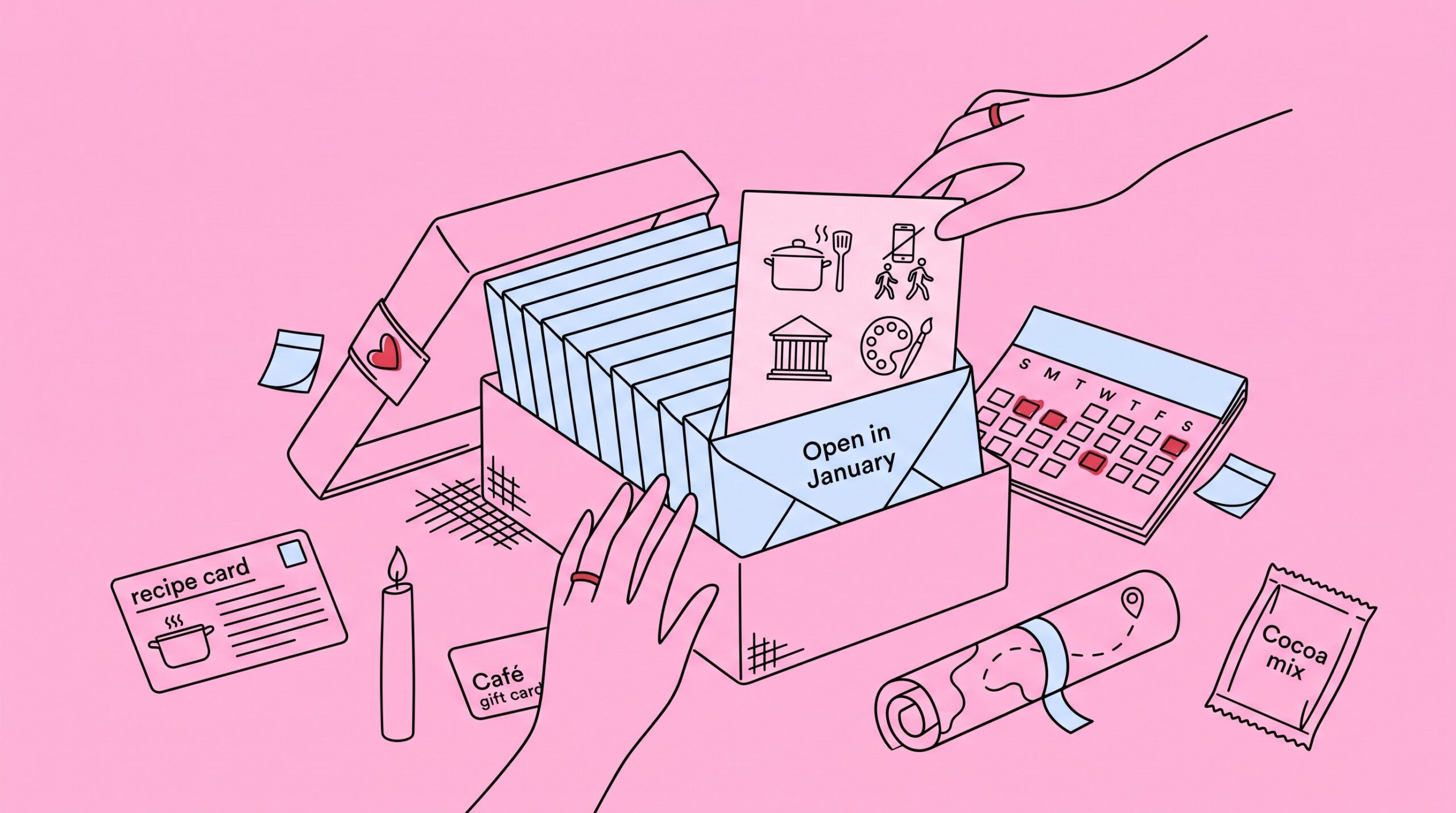 Twelve labeled envelopes offer newlyweds a year of thoughtful date-night experiences.
