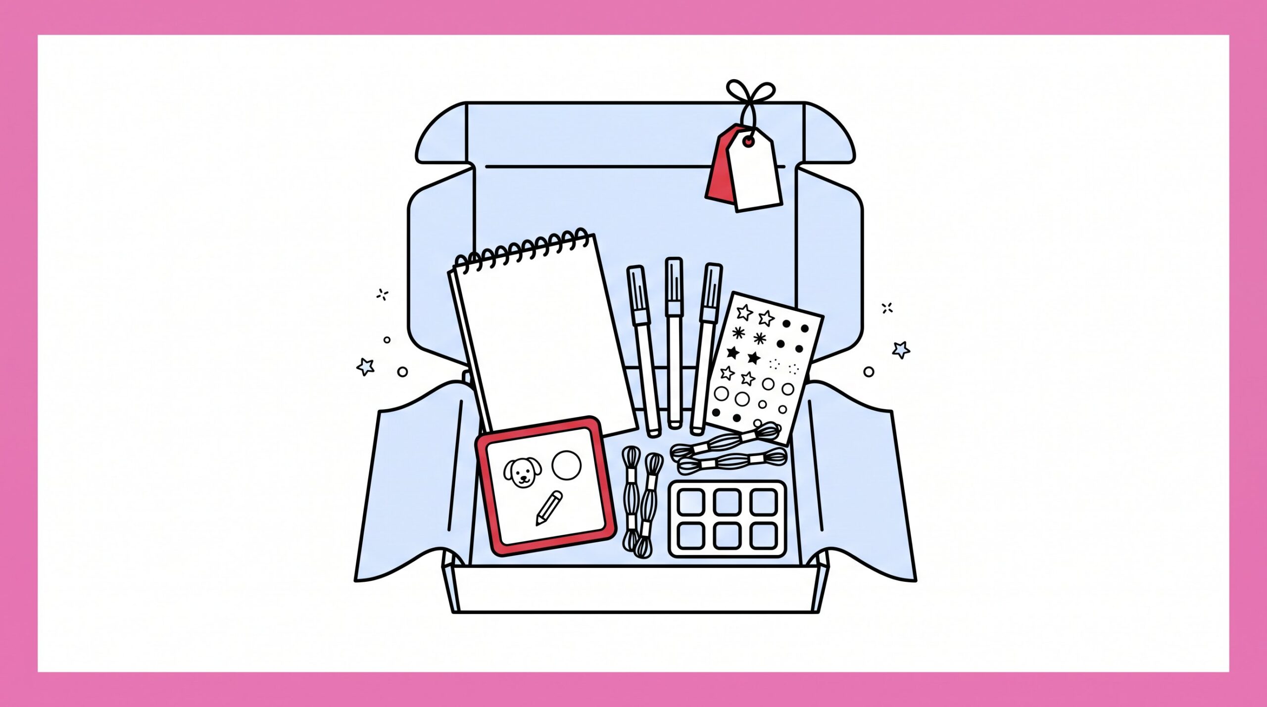Open DIY art gift box with curated creative supplies and prompt card.