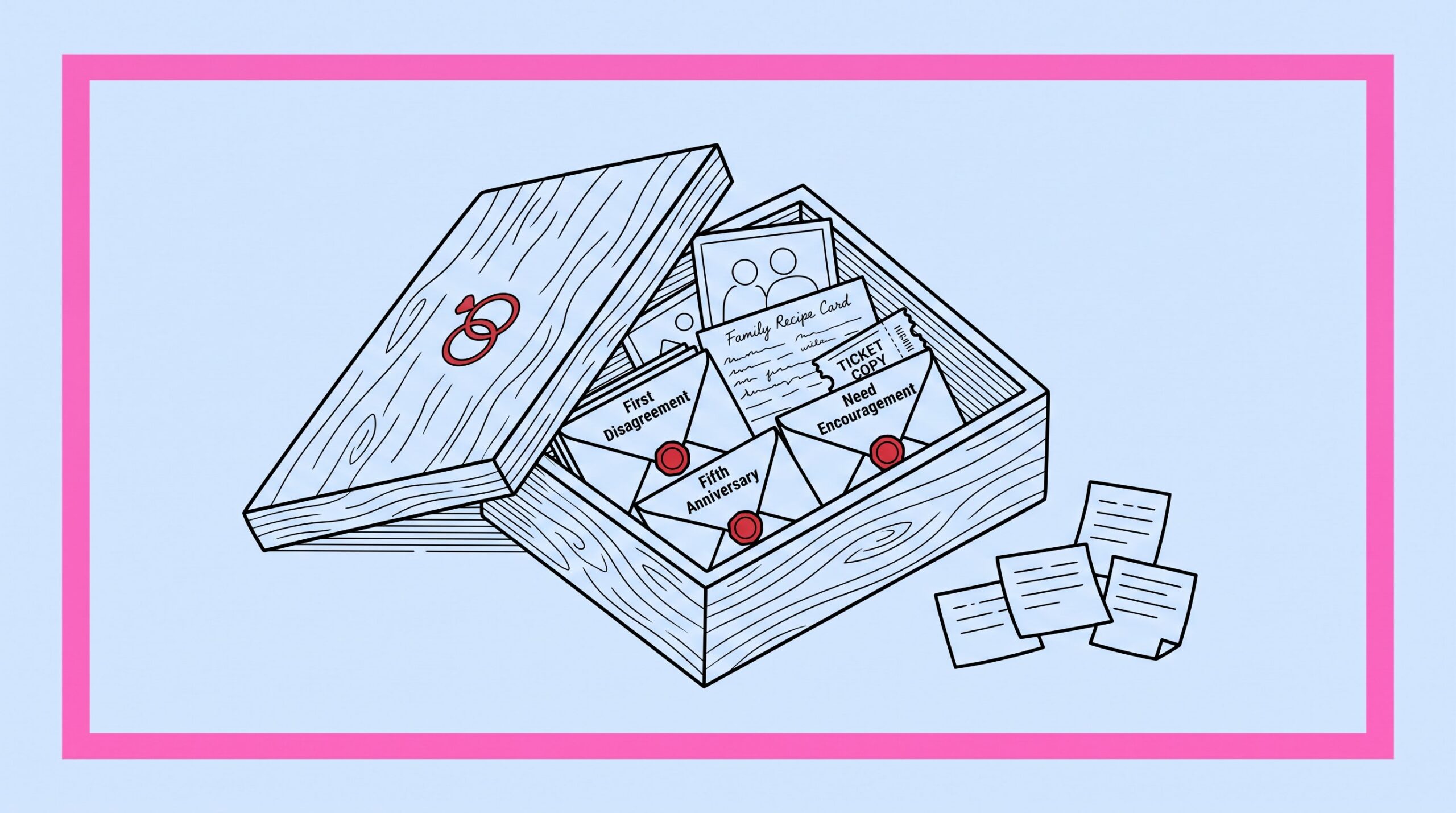 Keepsake box holds letters, photos, recipes, and notes for future anniversaries.
