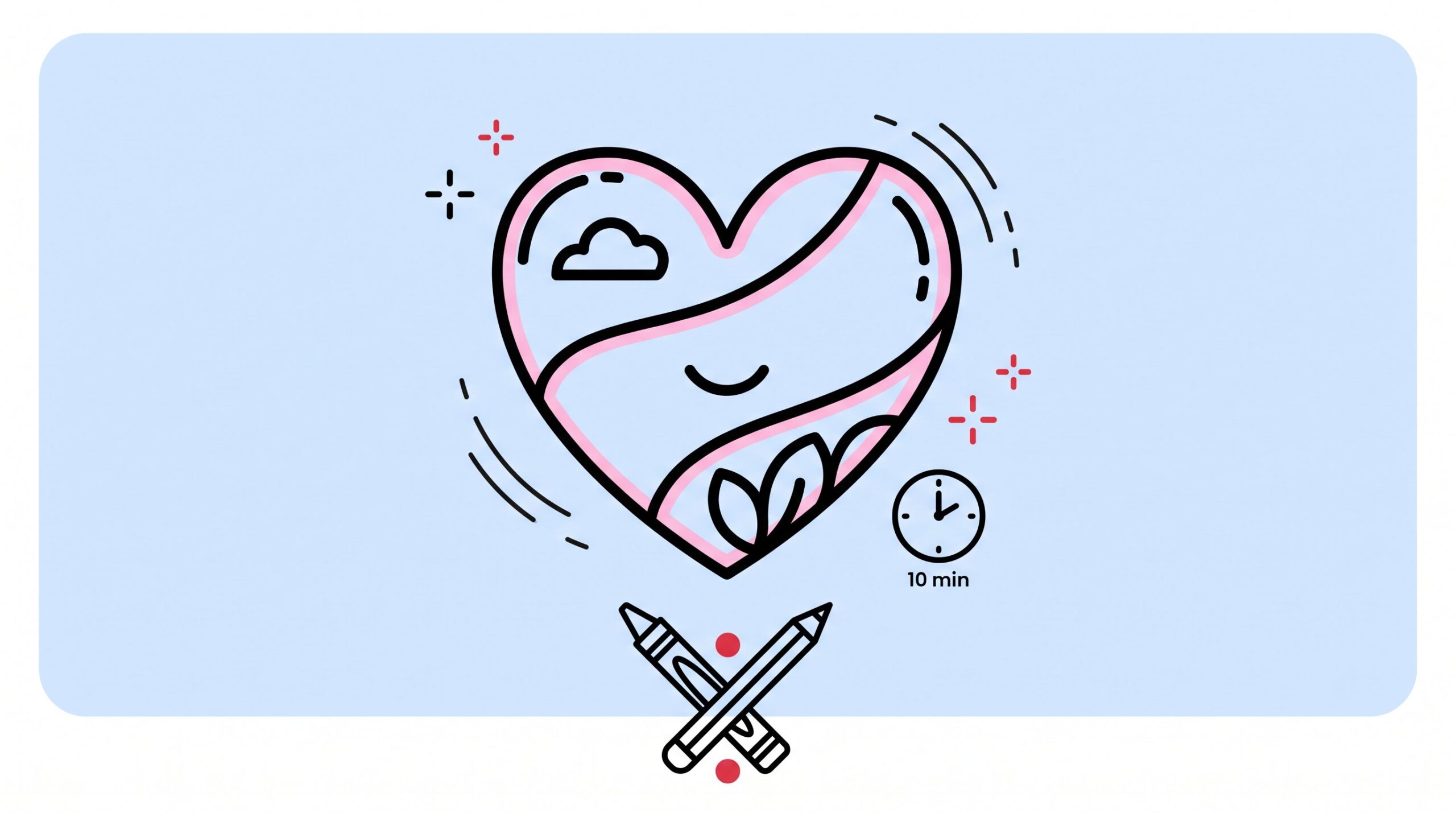 Large heart coloring page with crayons and calm classroom activity symbols.