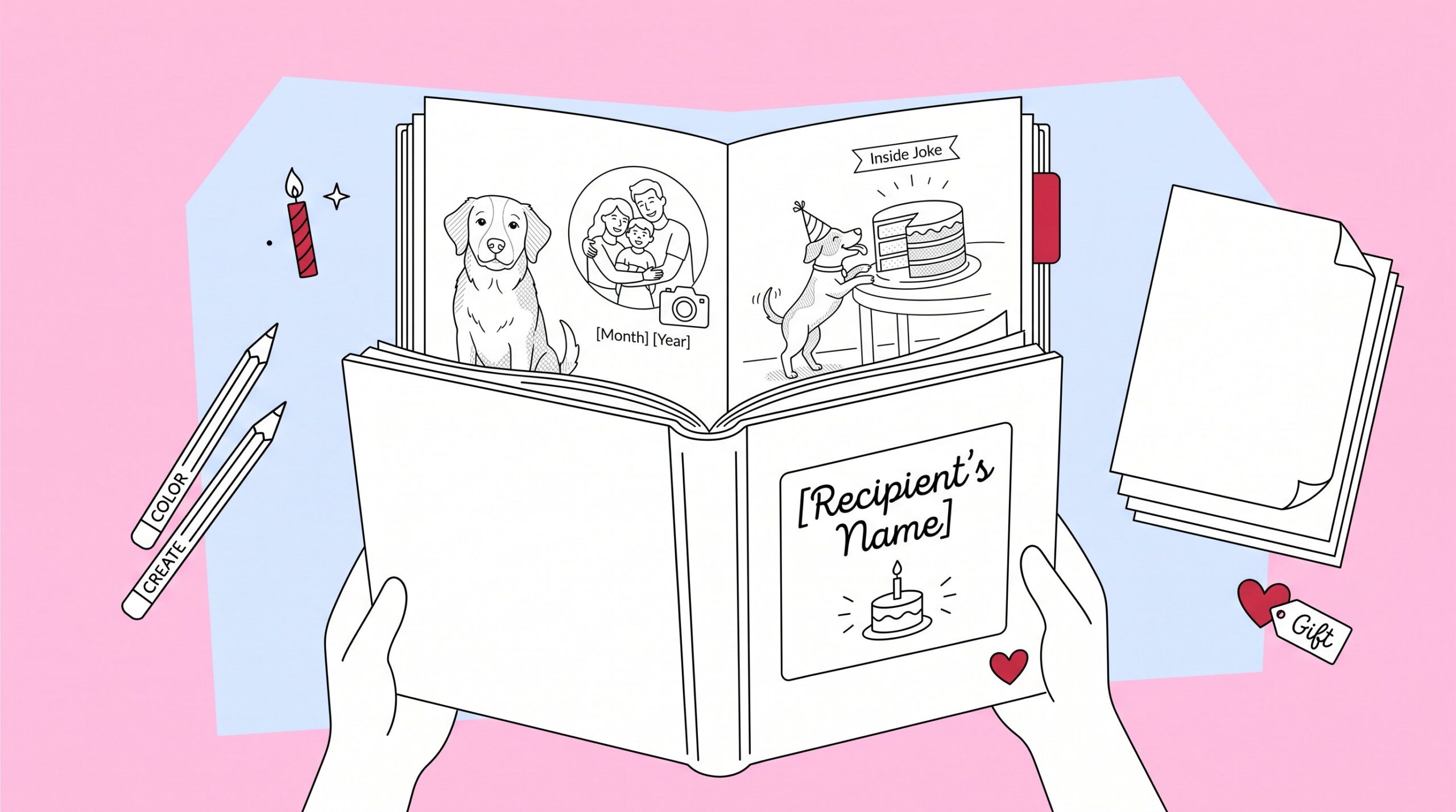 Personalized coloring book with photo-inspired pages and birthday-themed details.