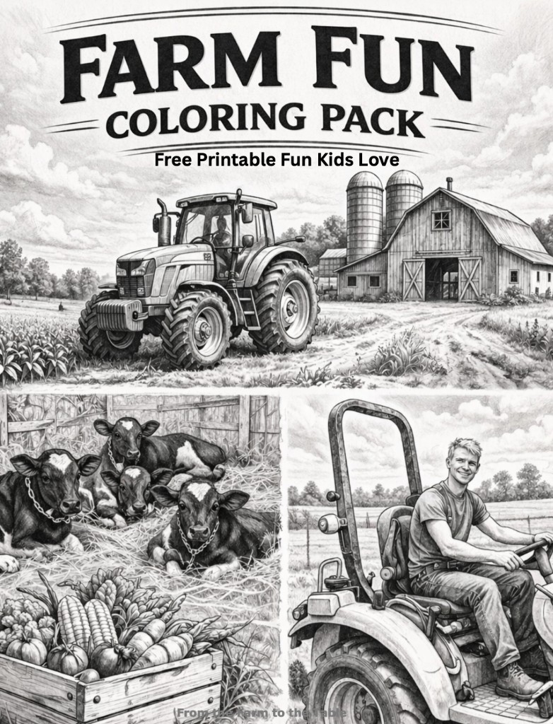 Farm Fun coloring pack cover with tractor, barn, calves, and vegetables for Kathy Coatney's From the Farm to the Table series