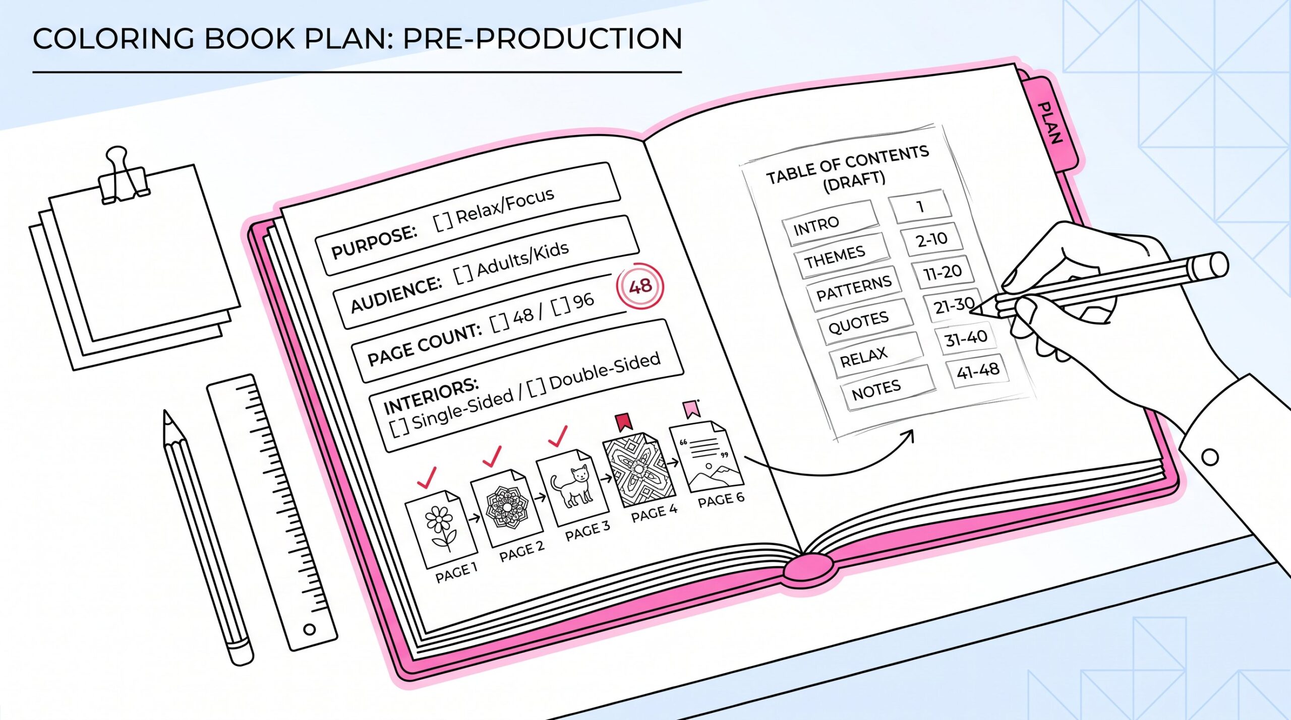 Open coloring book plan with checklist and page sequence sketch.