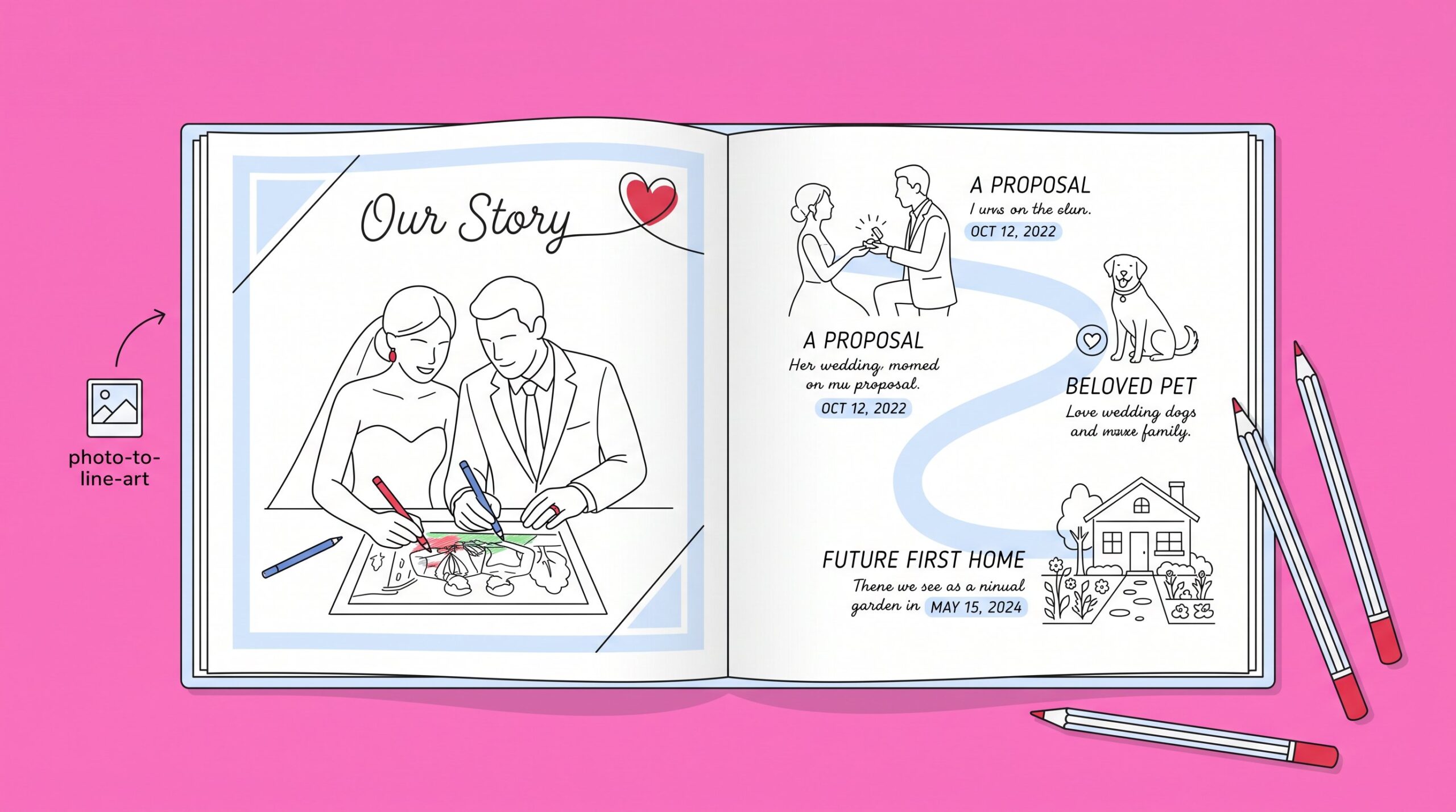 Newlyweds color shared memories and future dreams in a personalized wedding book.