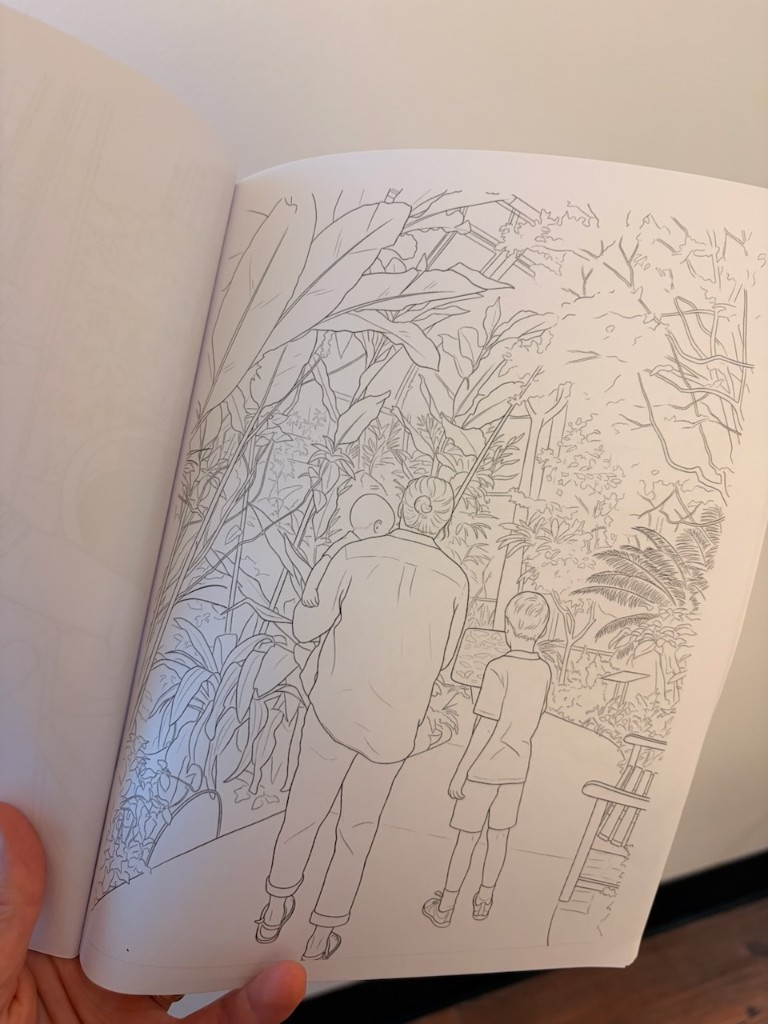 Coloring page of a family walking through a greenhouse with tropical plants
