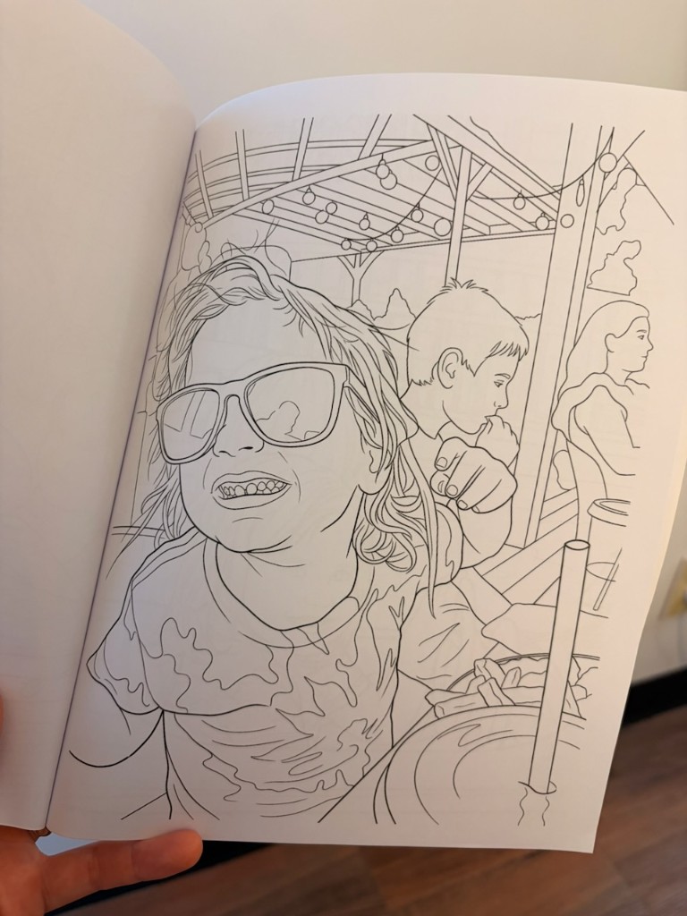 Coloring page of kids at an outdoor patio dinner under string lights