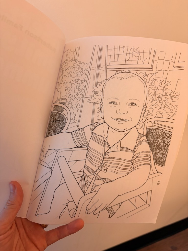 Coloring page of a smiling toddler in a striped polo shirt