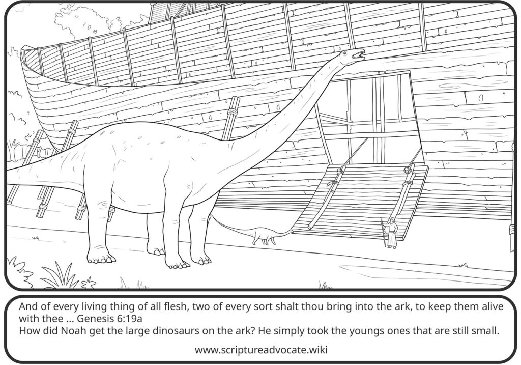 Coloring page of a sauropod dinosaur standing beside the ramp of Noah's ark