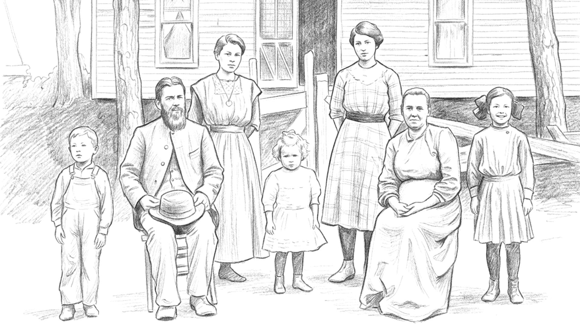 Line sketch of a family standing and sitting in front of a white house