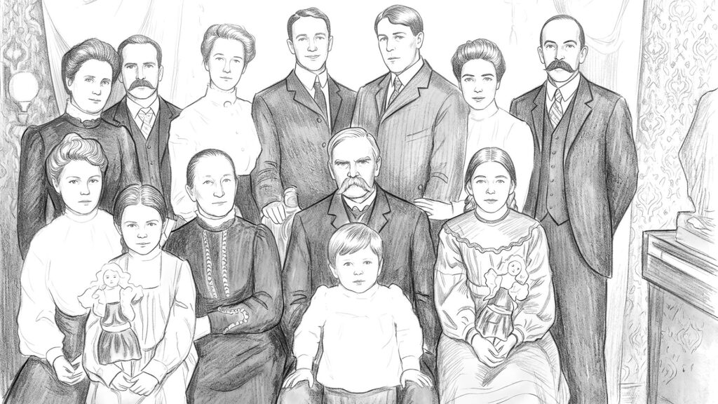 Pencil-style sketch of a large early 1900s family group, including children holding dolls