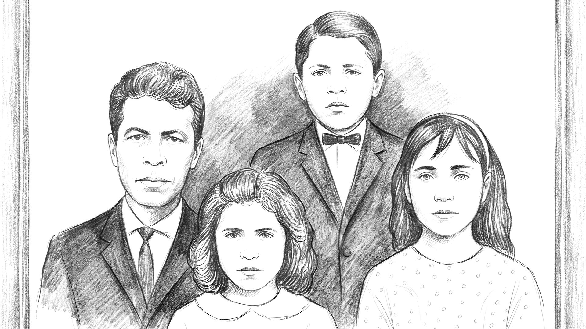 Line sketch of a man, two girls, and a boy in a bow tie