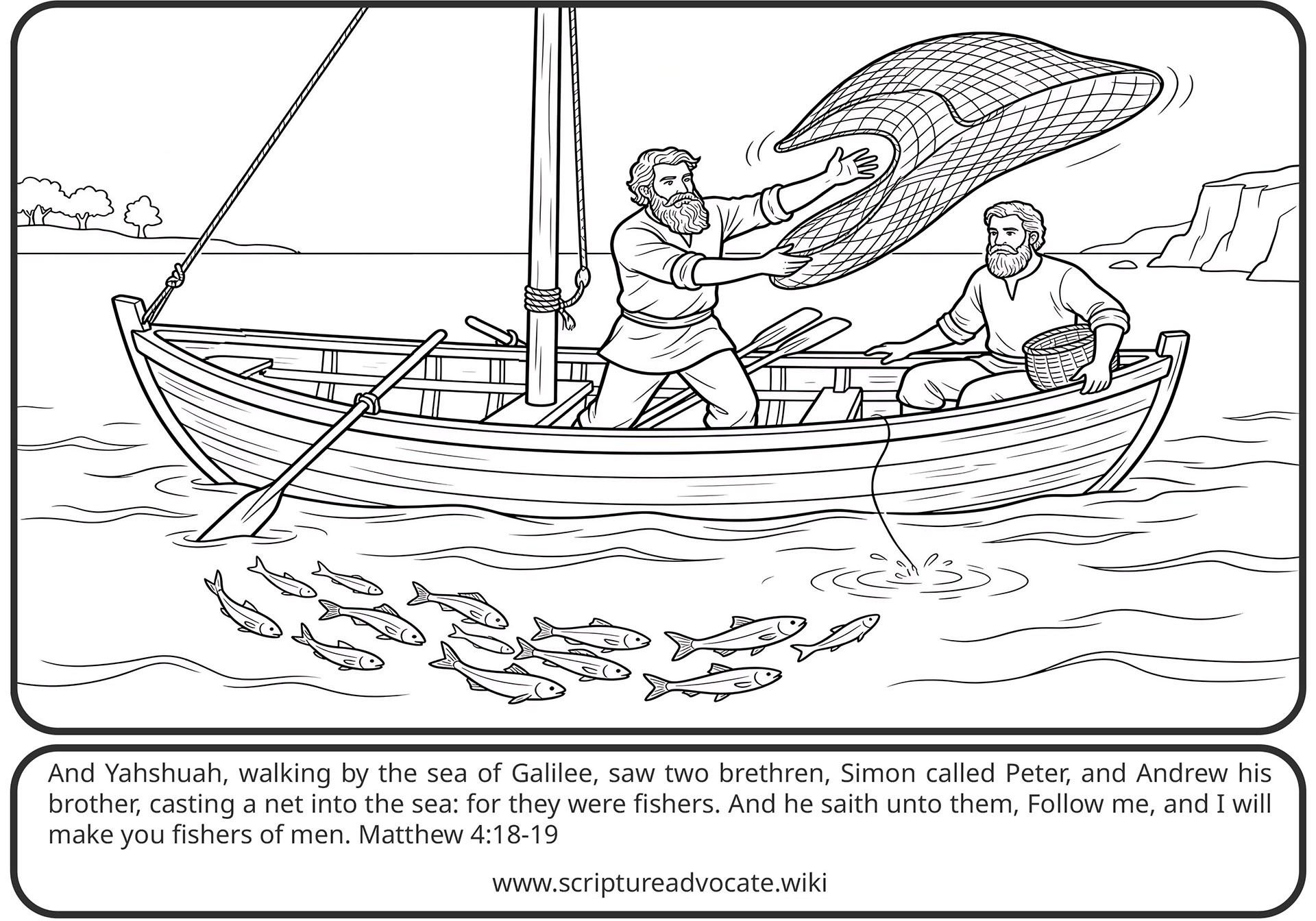 Coloring page of two men in a boat casting a net over a school of fish