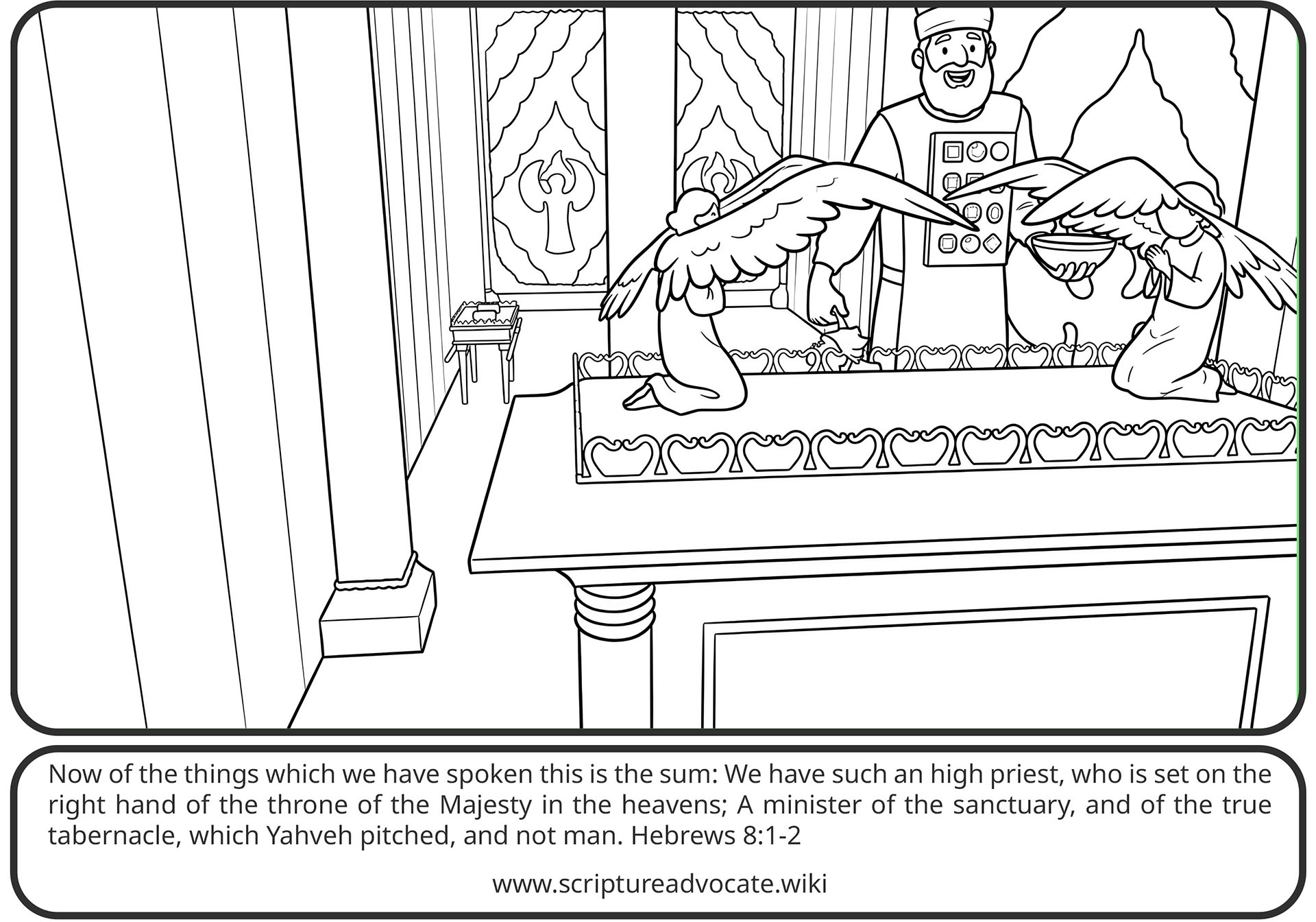 Coloring page of a high priest standing behind the ark with two winged figures