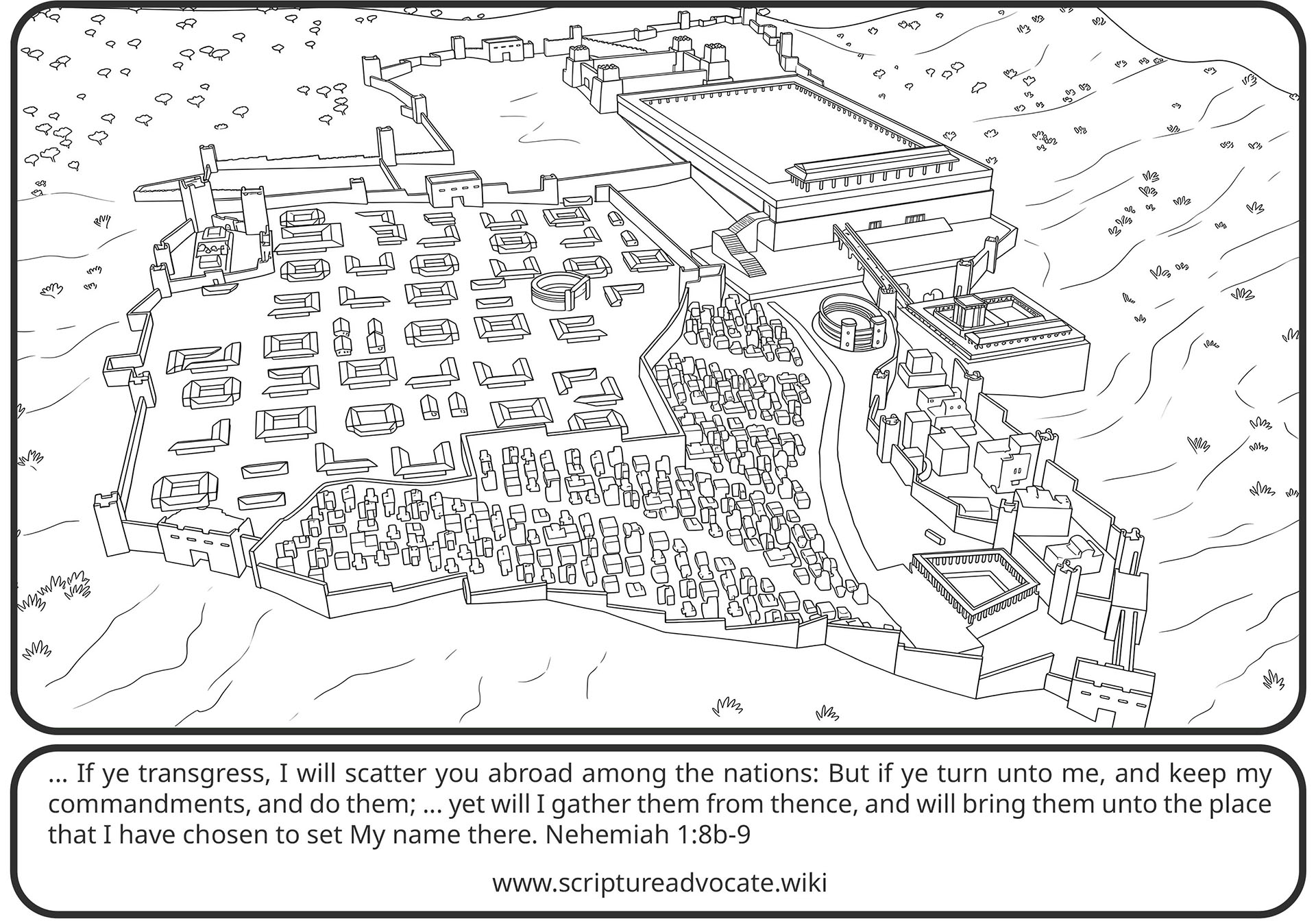 Coloring page of a walled city plan with a large temple court