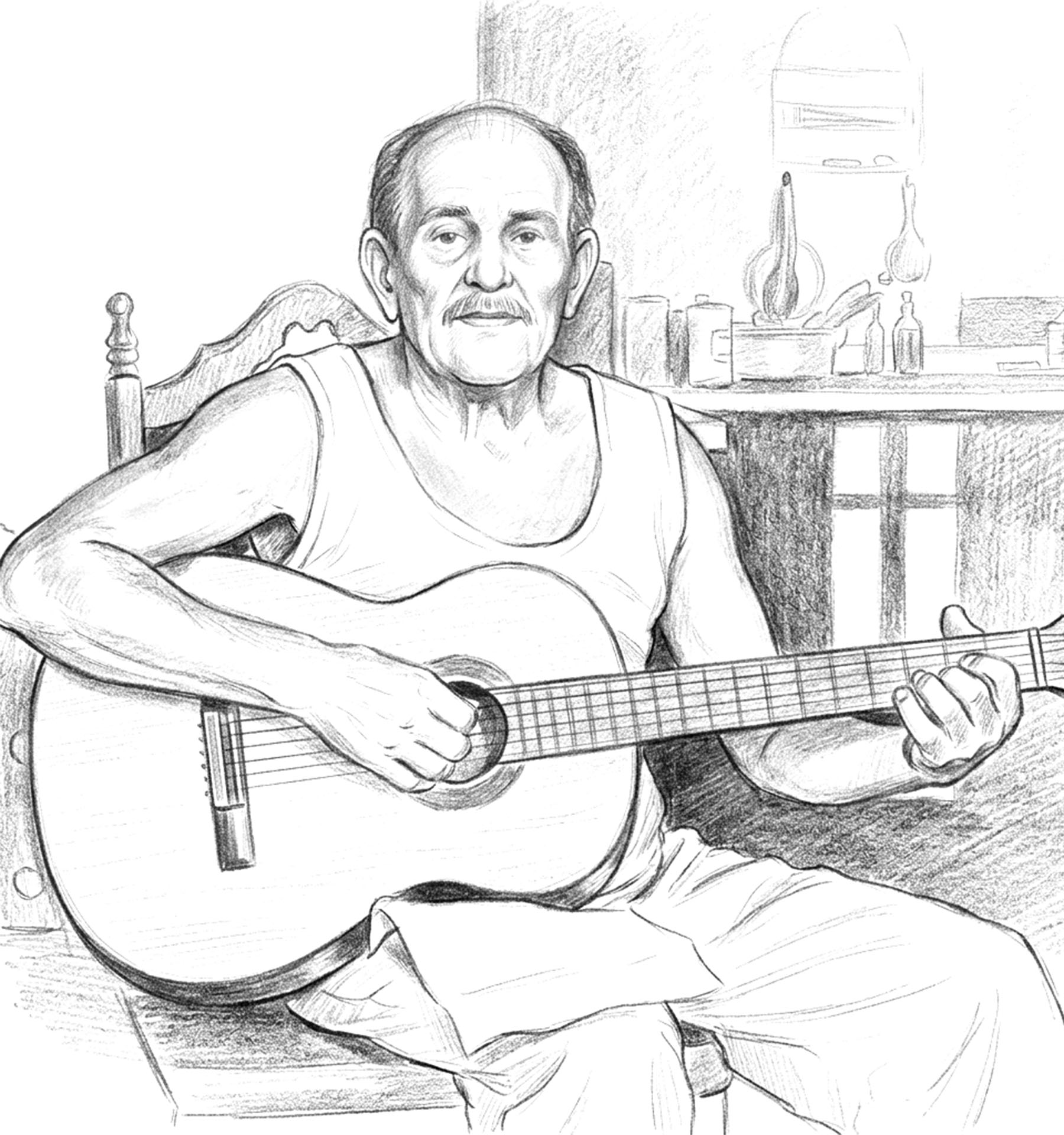 Line sketch of an older man in a tank top playing an acoustic guitar