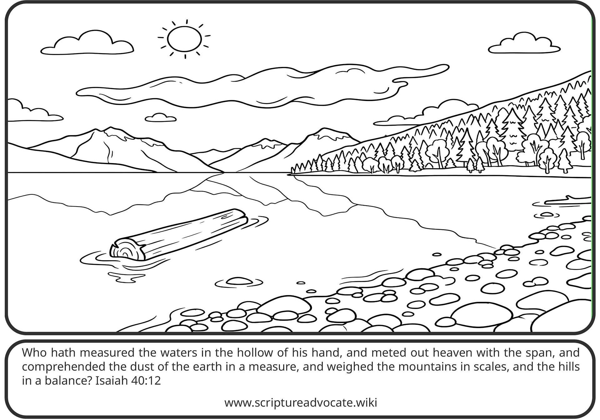 Coloring page of a mountain lake with a floating log and a pebble shore
