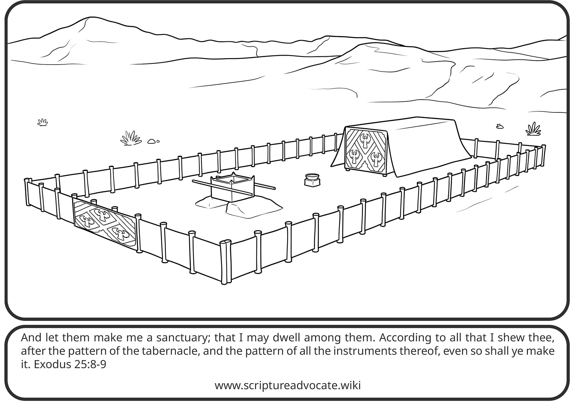 Coloring page of a fenced tabernacle courtyard with an altar and tent in open land