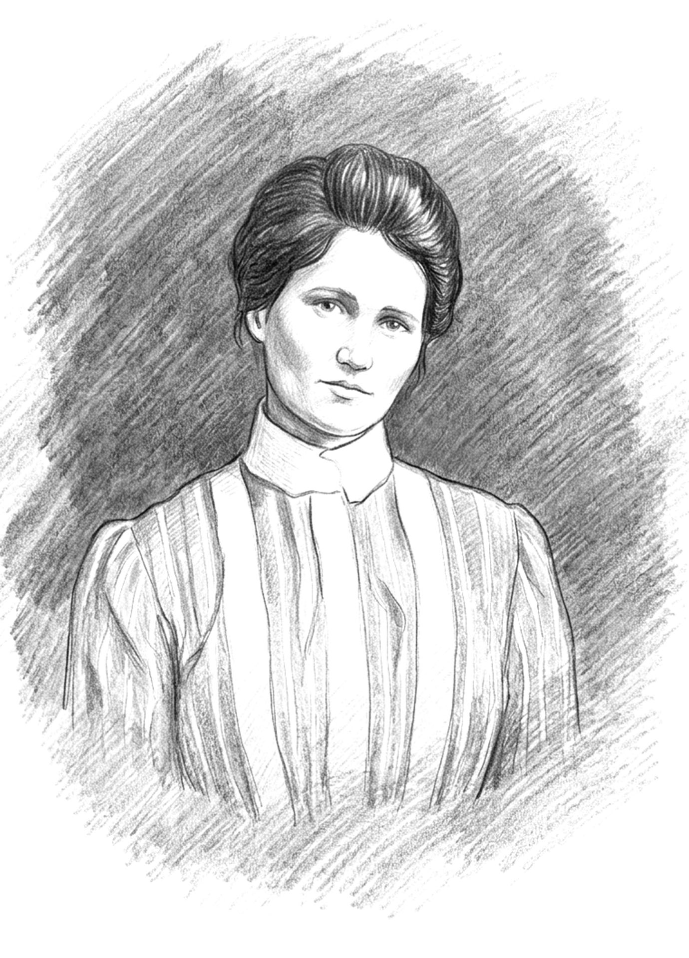 Line sketch portrait of a woman in a high-collar striped blouse