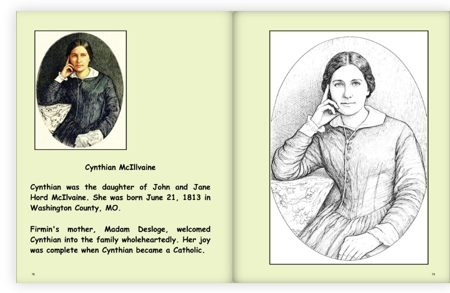 Book spread pairing a historical portrait of Cynthia McIlvaine and family-history notes with a line-art portrait to color