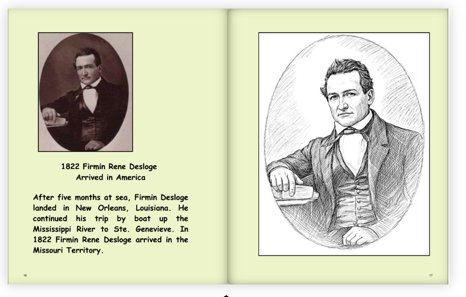 Book spread pairing a historical portrait of Firmin Rene Desloge and family-history notes with a line-art portrait to color