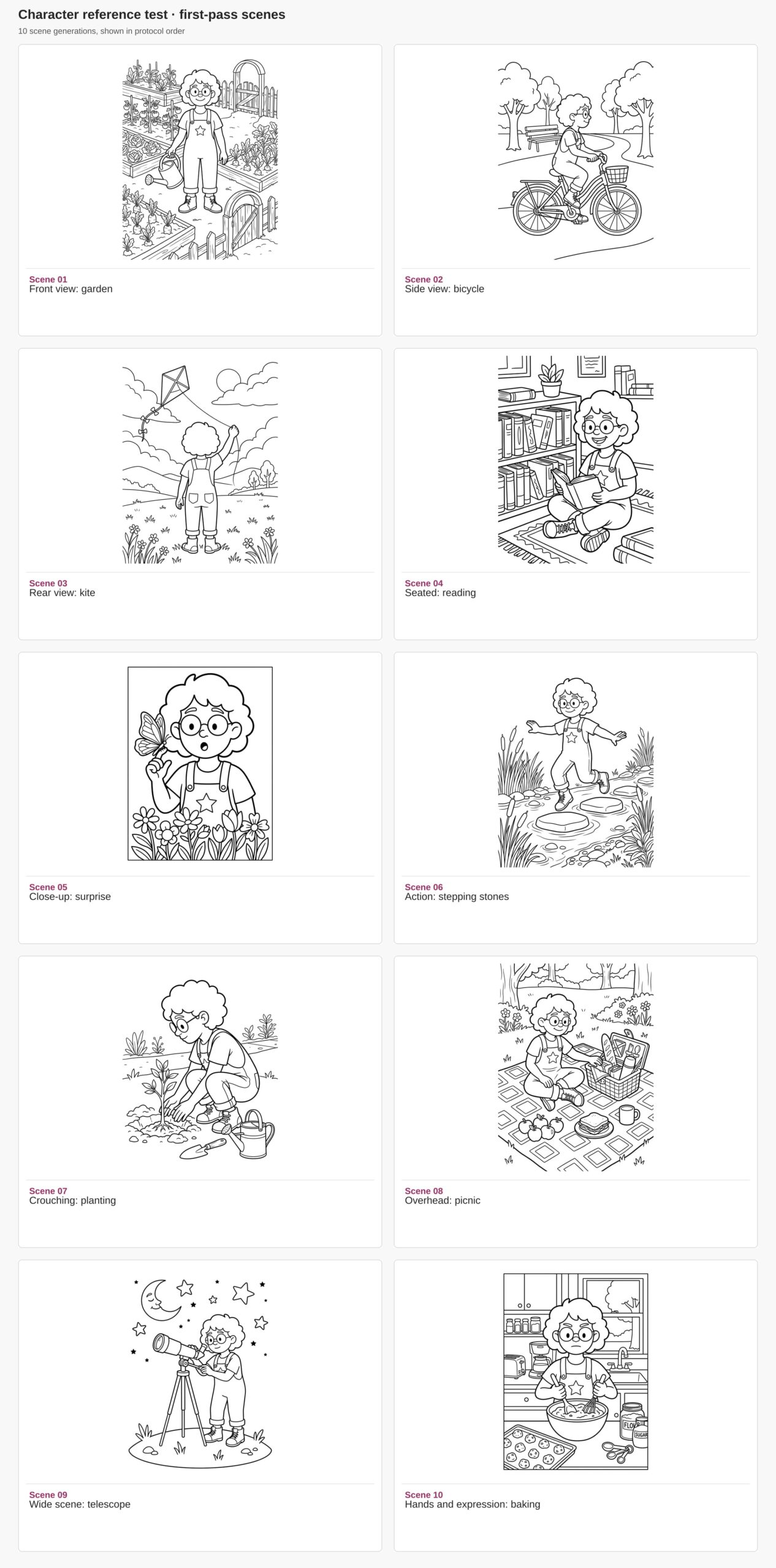 Ten Rowan coloring pages showing gardening, cycling, flying a kite, reading, a butterfly, stepping stones, planting, a picnic, stargazing and baking