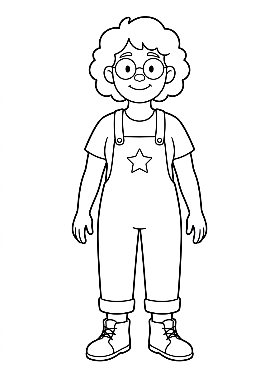Rowan's original reference image, with curly hair, round glasses, star-bib overalls and ankle boots