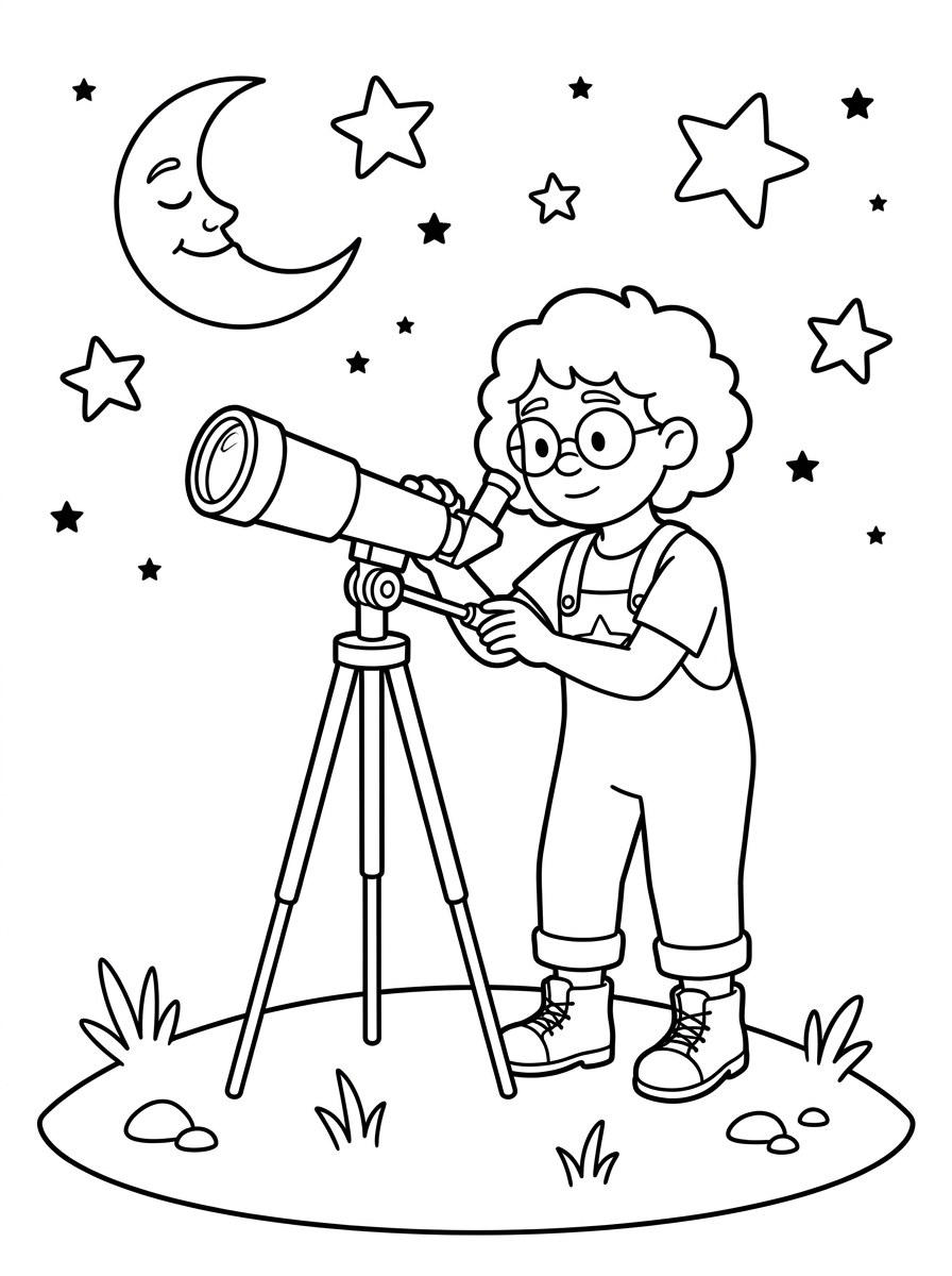 Rowan with a telescope beneath the moon and stars