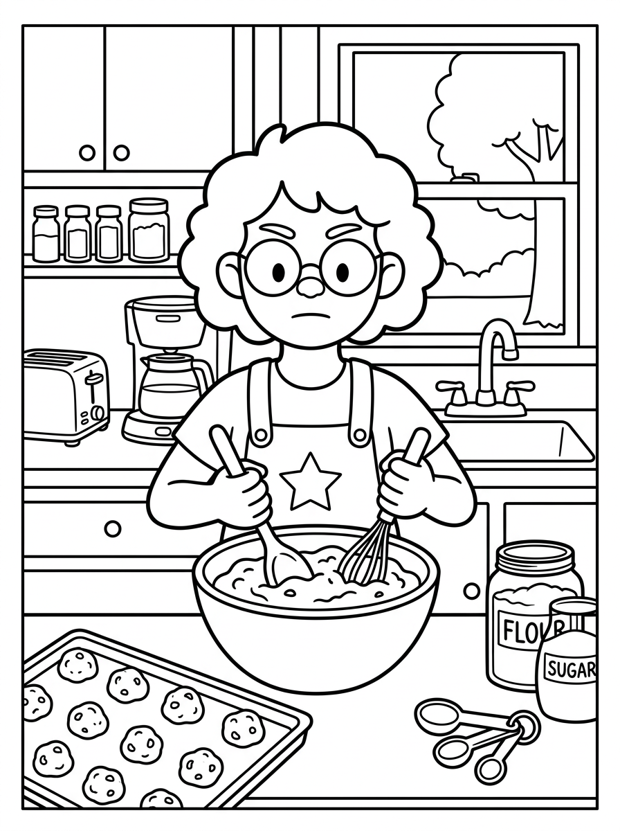 Rowan mixing batter in a kitchen with a tray of cookies nearby