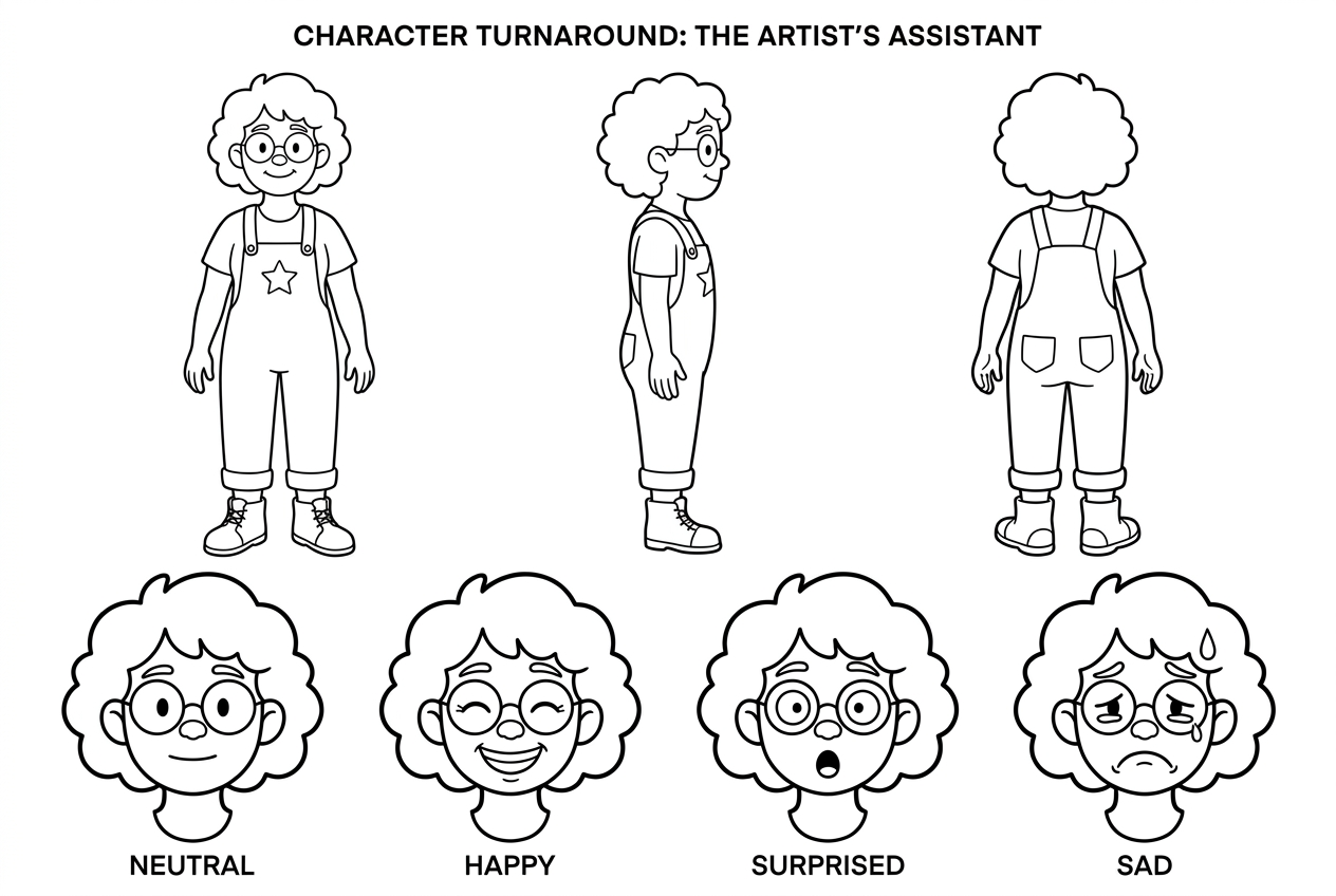 Rowan's character sheet with front, side and rear views and four facial expressions